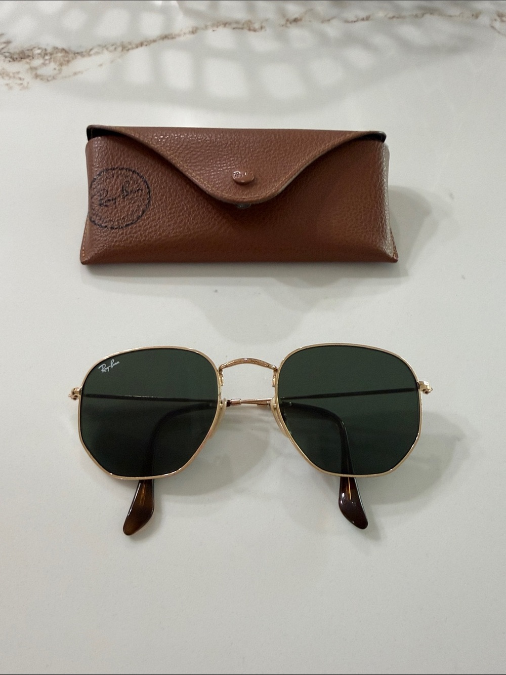 Ray-Ban Gold Frame Sunglasses with Green Lenses RB3548N Hexagon Flat Gold Frame